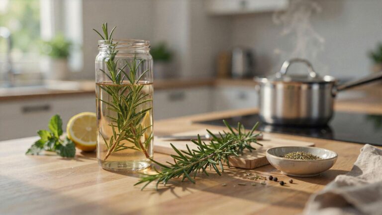 Homemade rosemary water preparation with fresh herbs for natural hair care routine