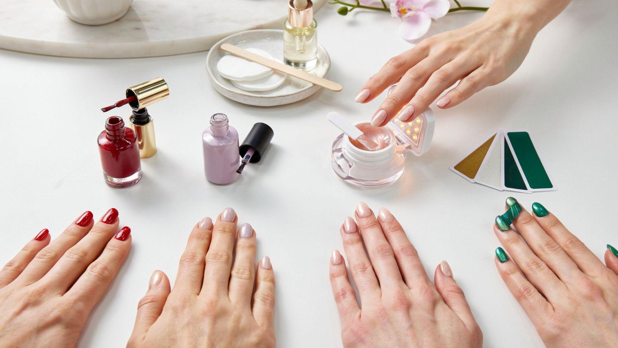 Regular, quick-dry, gel polish, and nail strips displayed with manicured nails together