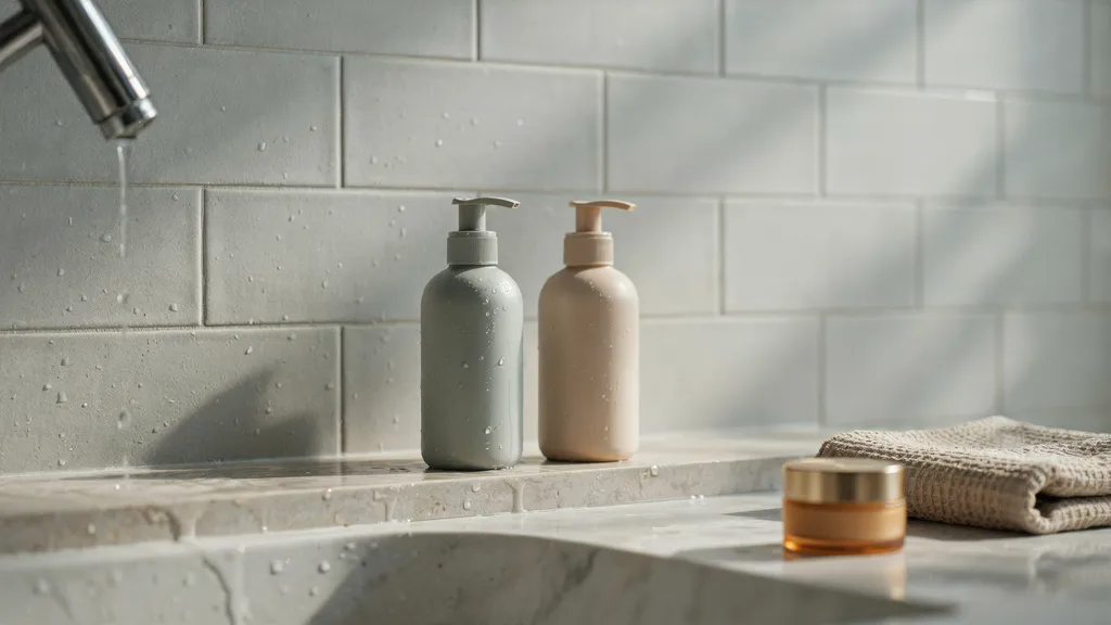 Shampoo and body wash bottles in bathroom showing comparison of use.