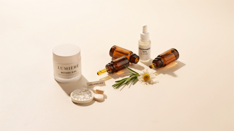 Retinol skincare setup with cream and ingredients like niacinamide hyaluronic acid and ceramides on a clean minimal background.