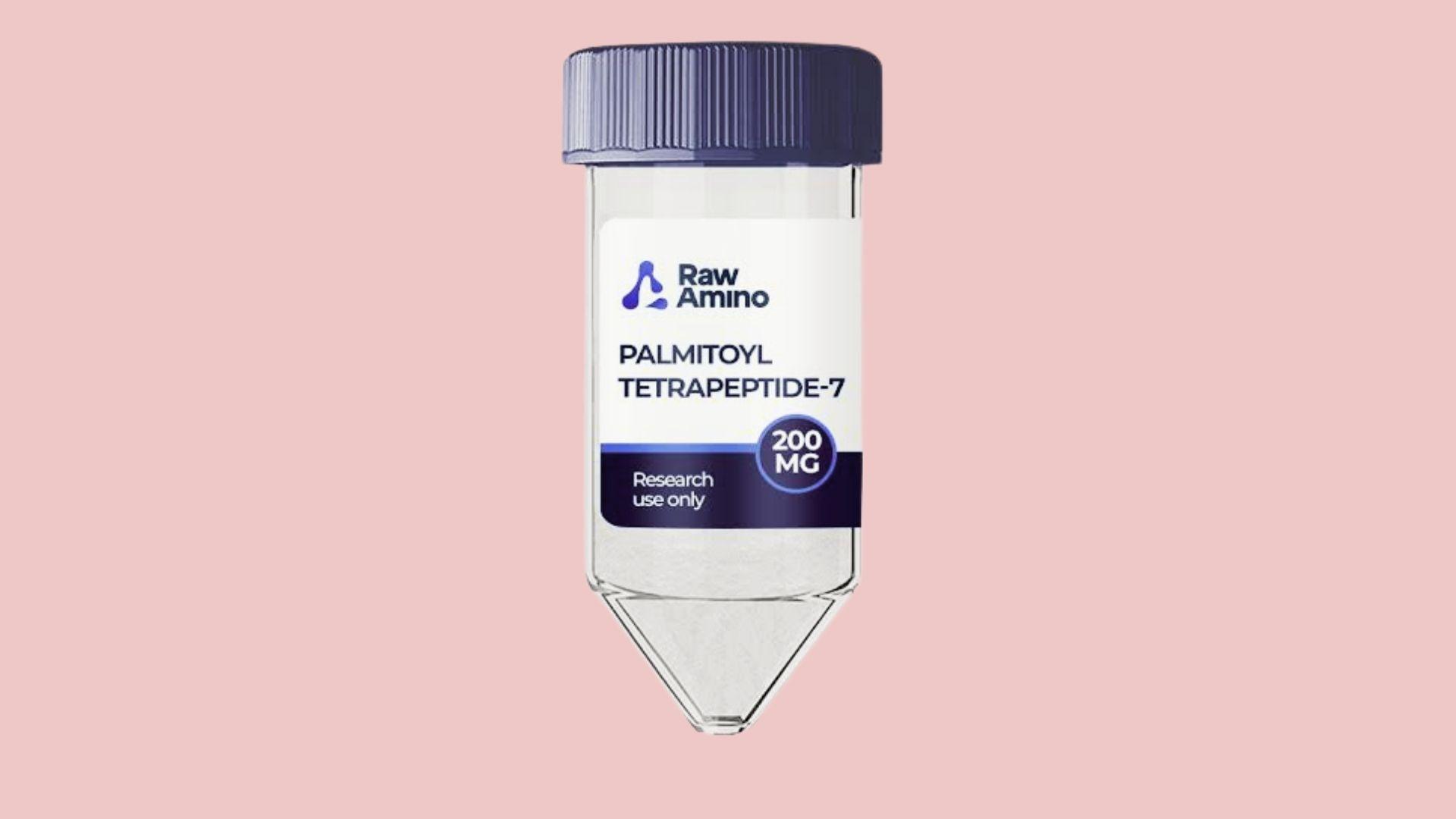 Raw Amino Palmitoyl Tetrapeptide-7 200 MG clear plastic vial with dark blue label, research use only, pink