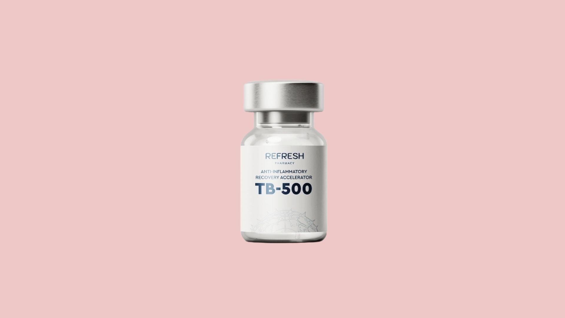 Refresh Pharmacy TB-500 Anti-Inflammatory Recovery Accelerator clear glass vial with silver cap, white label, pink background