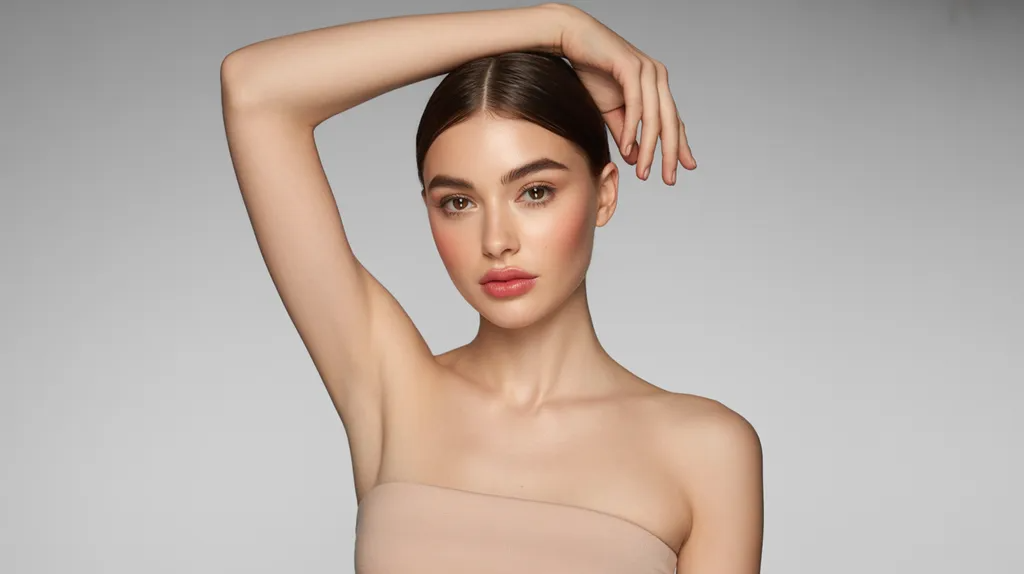 Woman with healthy underarm skin in a bright bathroom, representing solutions for dark armpits and underarm pigmentation.