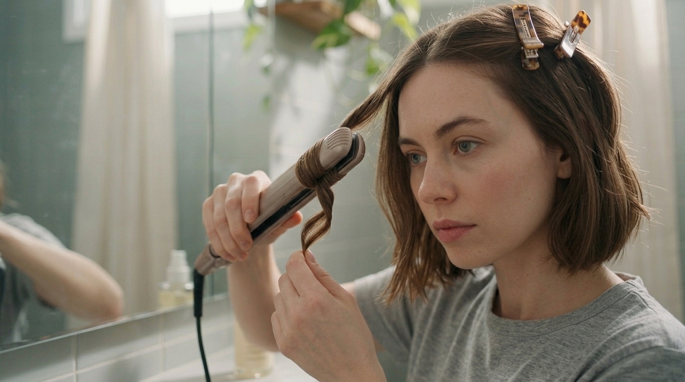 Straightener gliding down short hair to create smooth curls.