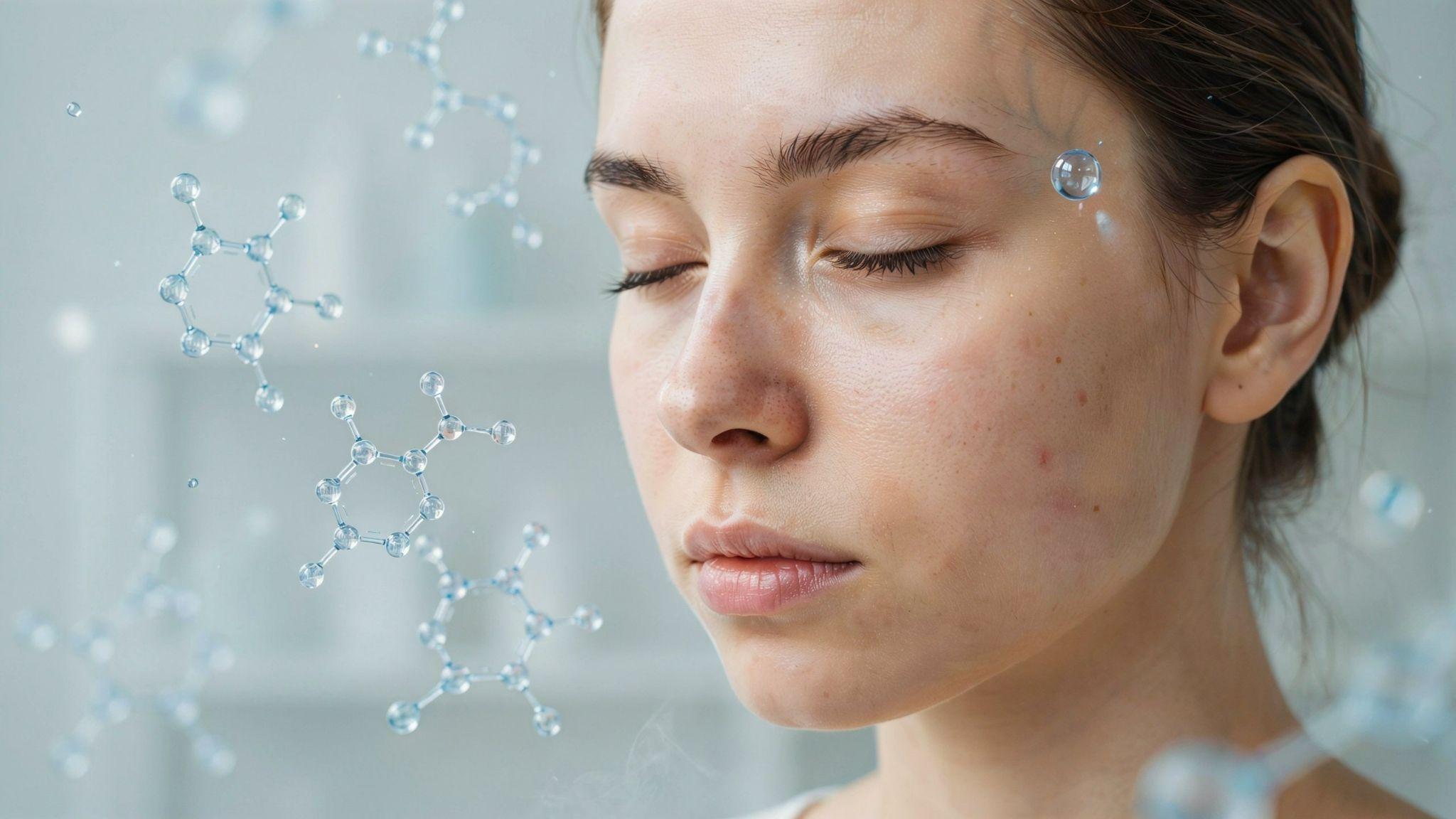 Acne-prone skin with peptide molecules, glowing complexion, scientific skincare concept, clean beauty treatment visualization.