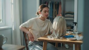 Person holding a light synthetic wig and considering dyeing it at home using DIY supplies in a realistic home setting.