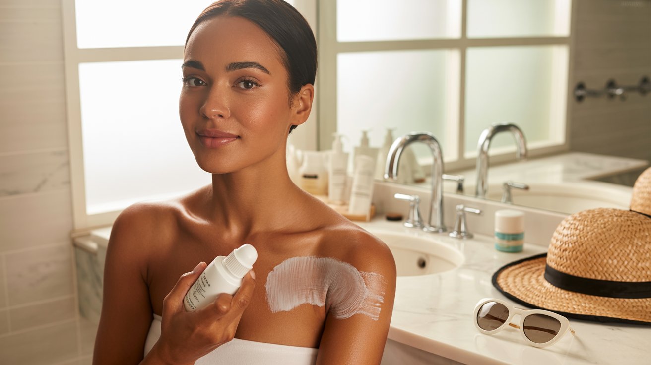 Person with sun-kissed glow applying self-tanner, achieving bronzed skin without UV exposure