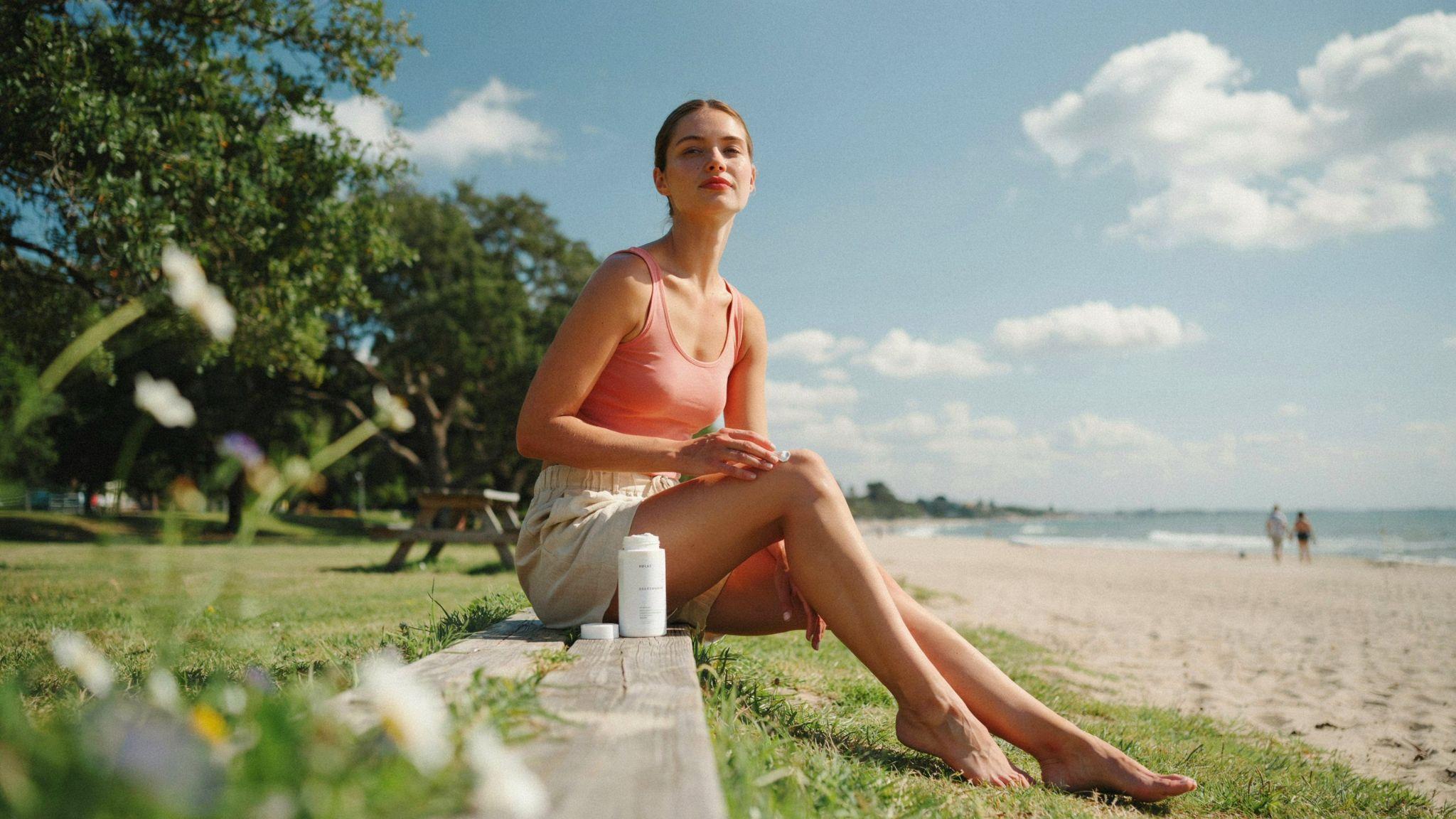 Person gradually tanning under moderate UV 4 sunlight with balanced skin protection outdoors.