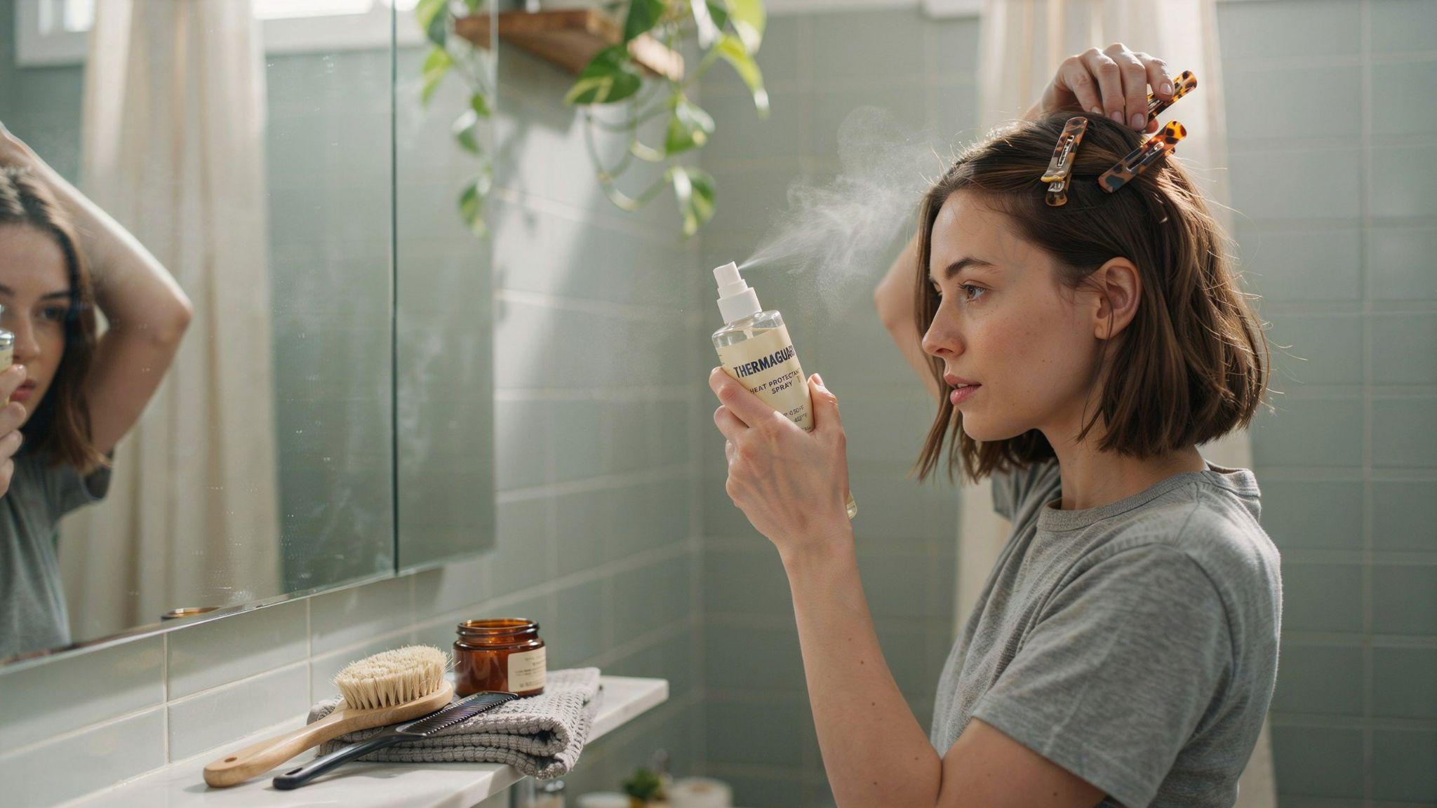 Woman applying heat protectant and sectioning short bob hair before styling.