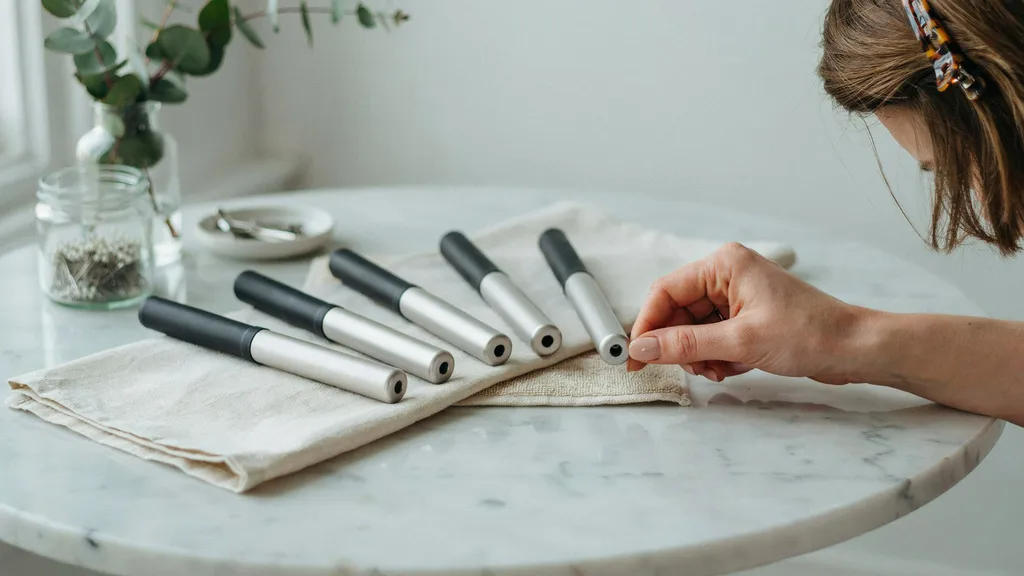 Person choosing curling iron barrel size for styling short hair.