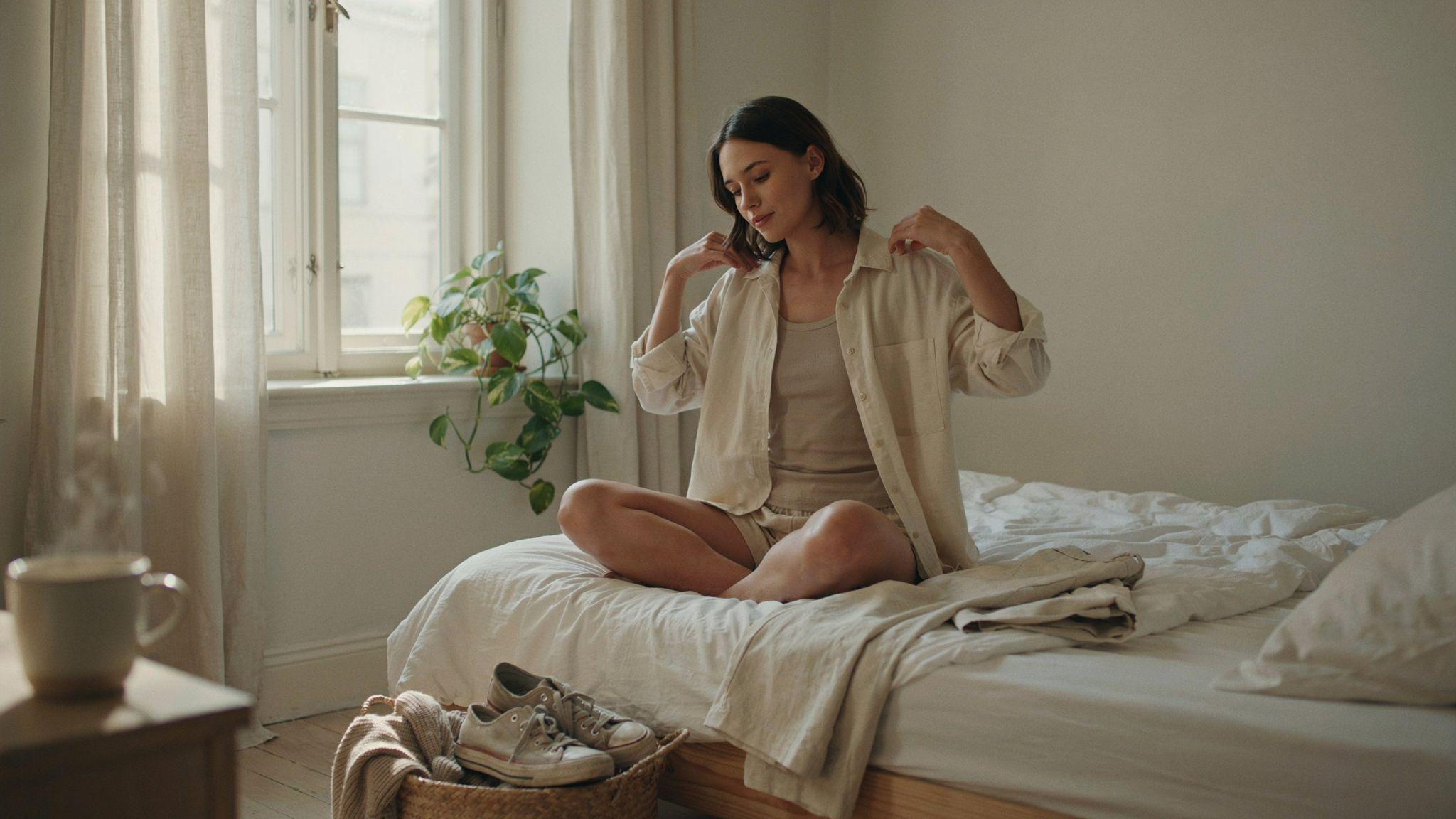 Person choosing loose, comfortable clothing for after waxing.