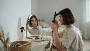 Hair styling tools arranged for curling short hair with heat tools and products.