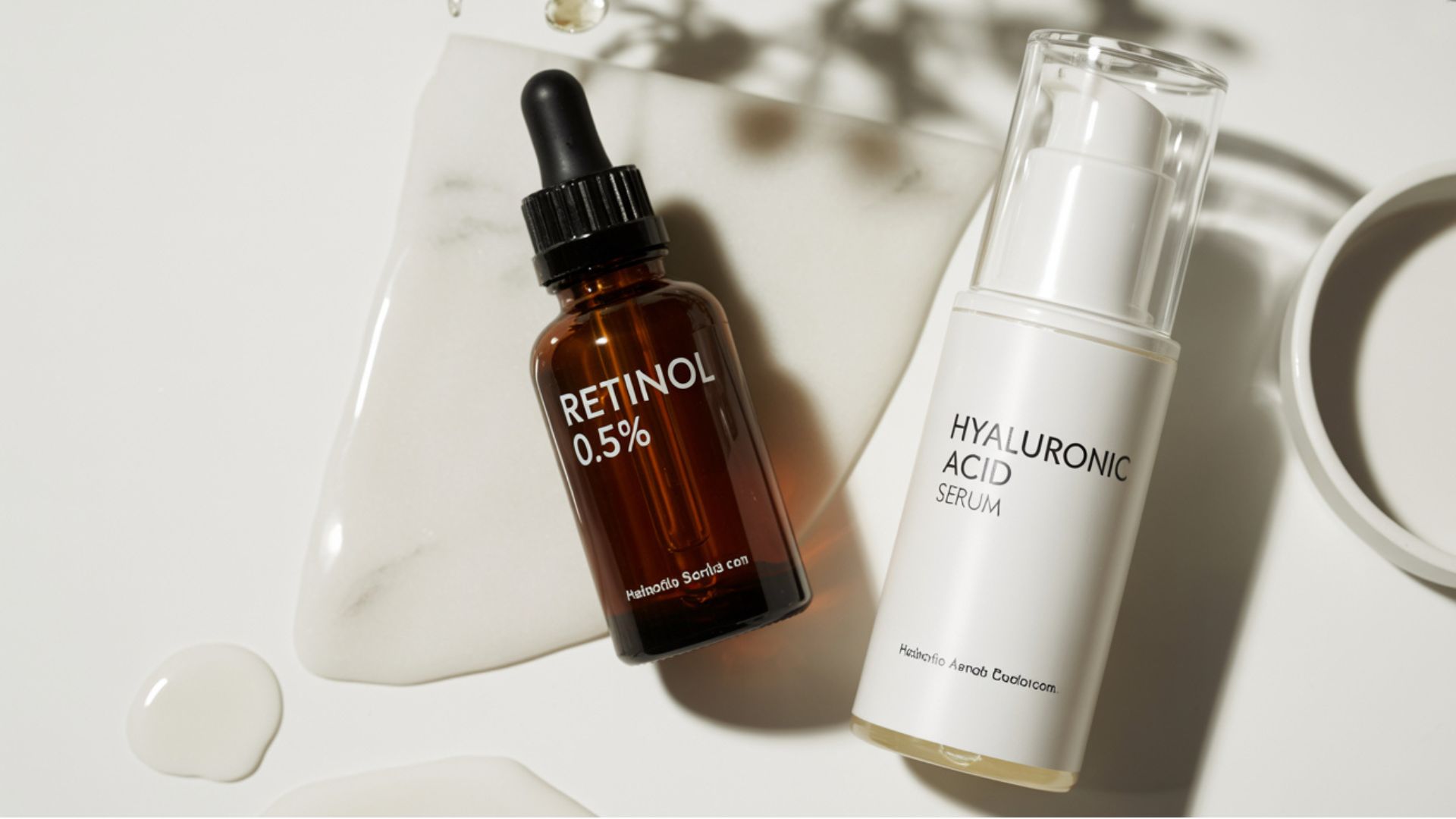 Two skincare bottles containing retinol and hyaluronic acid on a white background, intended to reduce the appearance of frown lines.
