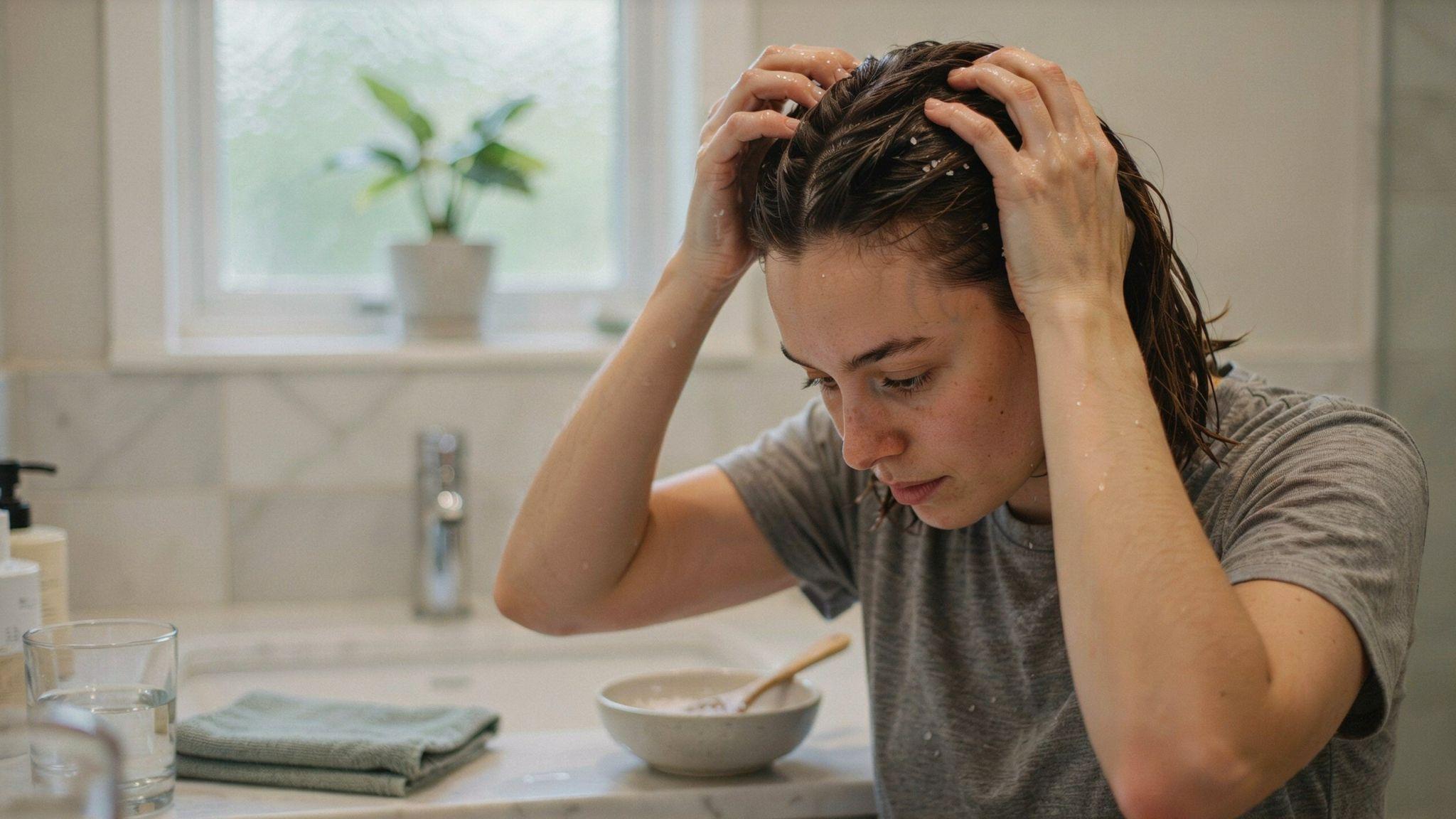 Person using Epsom salt and conditioner mix on hair.