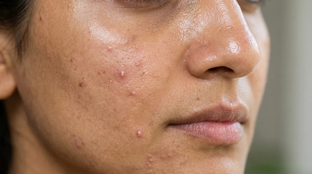 Oily and acne-prone skin being evaluated for skincare compatibility.