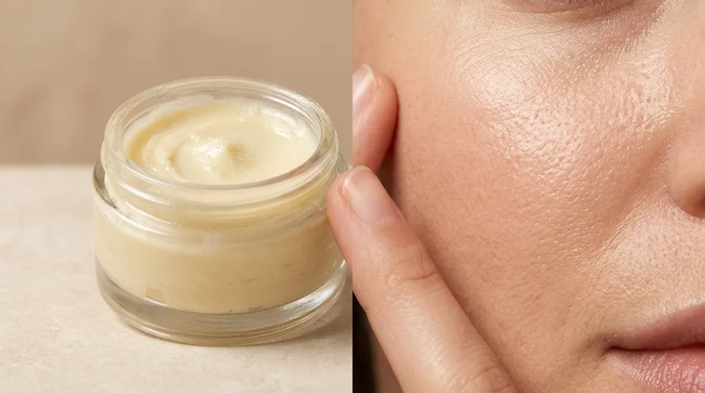 Shea butter and facial skin shown in a skincare-focused composition.