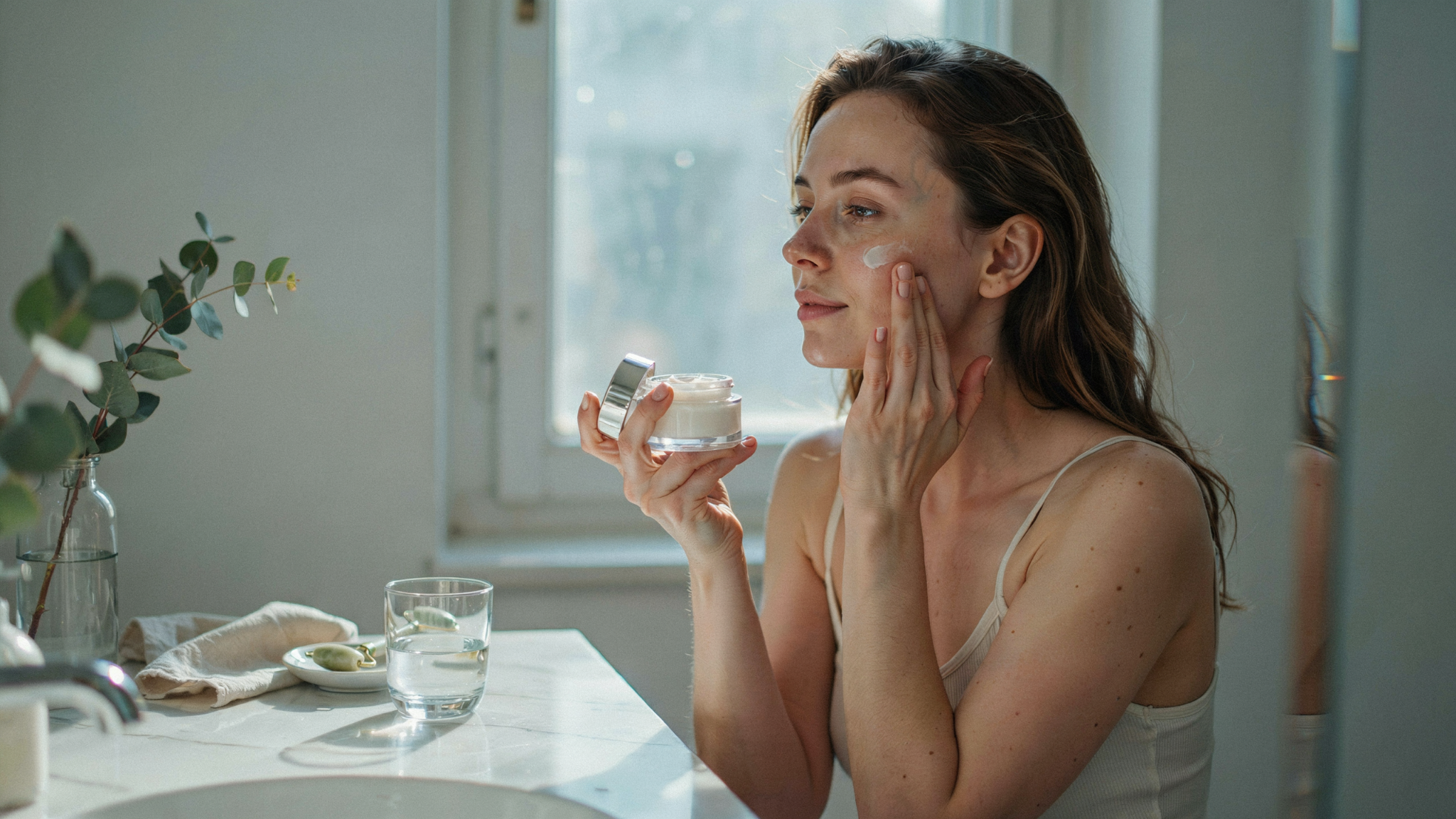 A woman applies face moisturizer from a silver-lidded jar to her cheek in a bright bathroom with eucalyptus and a jade roller.