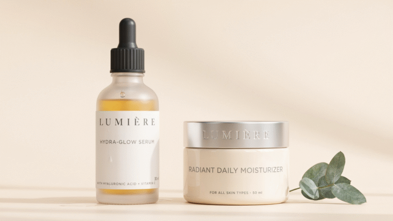 Lumière Hydra-Glow Serum dropper bottle and Radiant Daily Moisturizer jar displayed on a beige surface with eucalyptus.