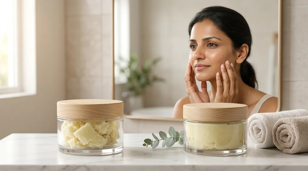 Woman examining her skin with a jar of shea butter, representing the question of whether shea butter clogs pores.