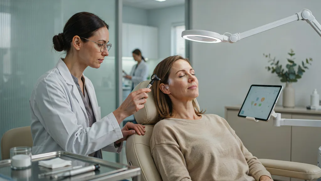 Dermatologist assessing facial pigmentation.