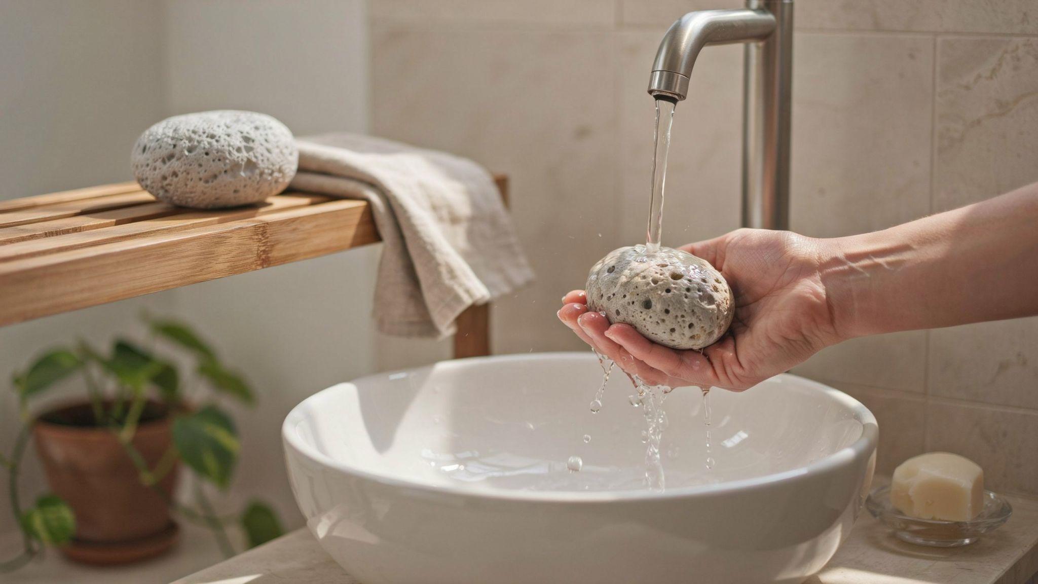 Clean pumice stone drying on rack after washing for proper storage