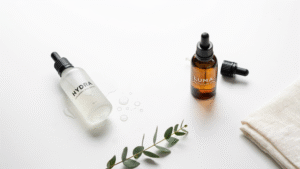 clean skincare bottles of hyaluronic acid and niacinamide serums with water droplets on minimal white surface representing hydration and balanced skin care routine.