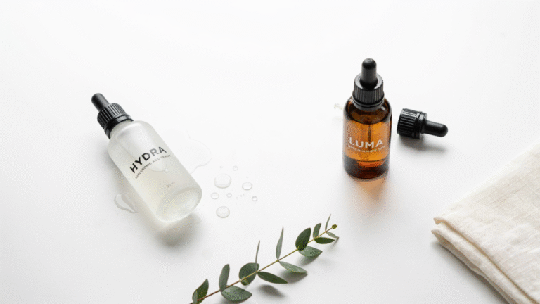 clean skincare bottles of hyaluronic acid and niacinamide serums with water droplets on minimal white surface representing hydration and balanced skin care routine.