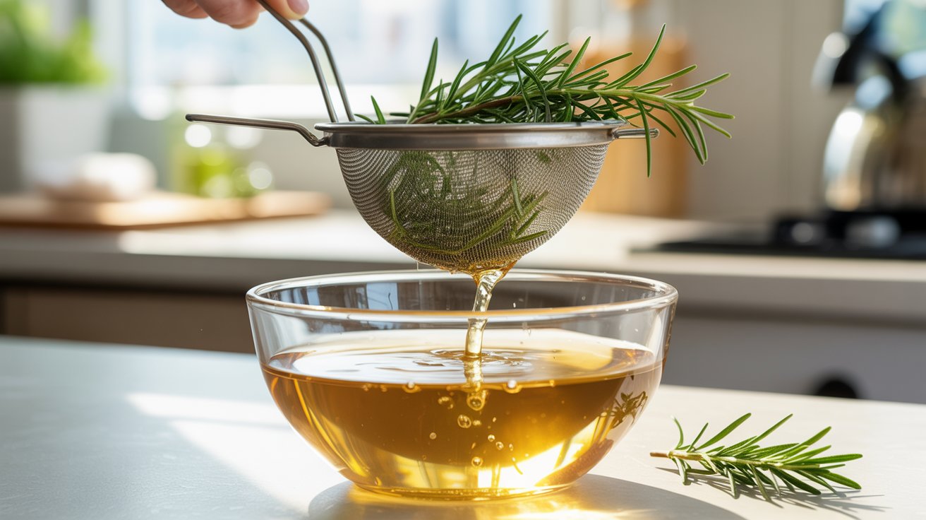 Straining rosemary water into bowl while removing herbs before cooling process