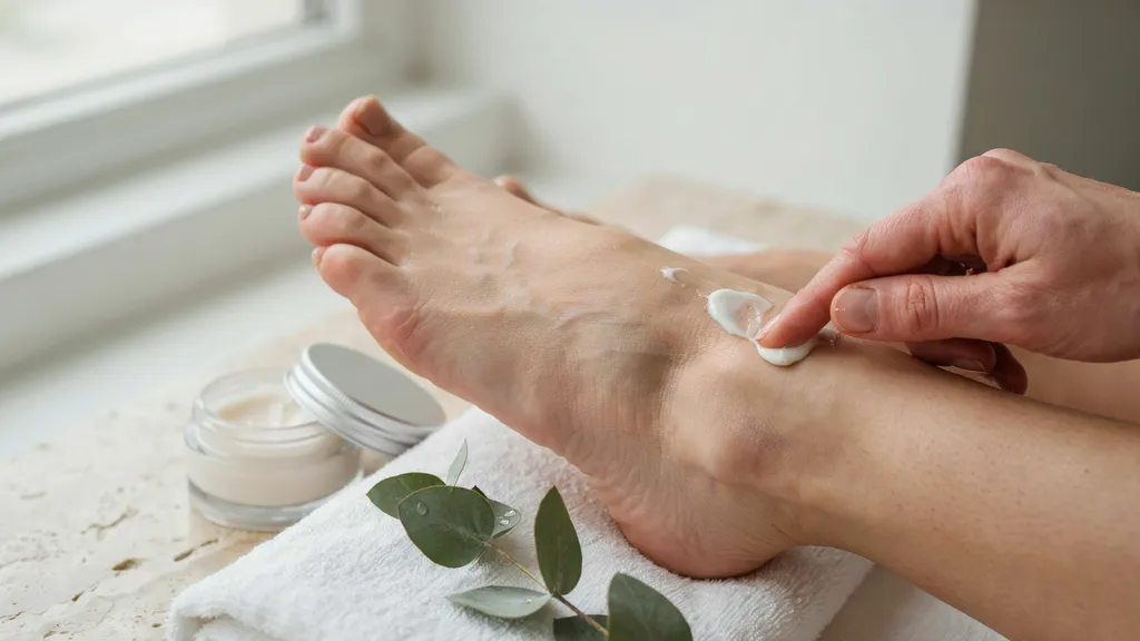 Moisturizer being applied to healthy feet to maintain skin hydration.