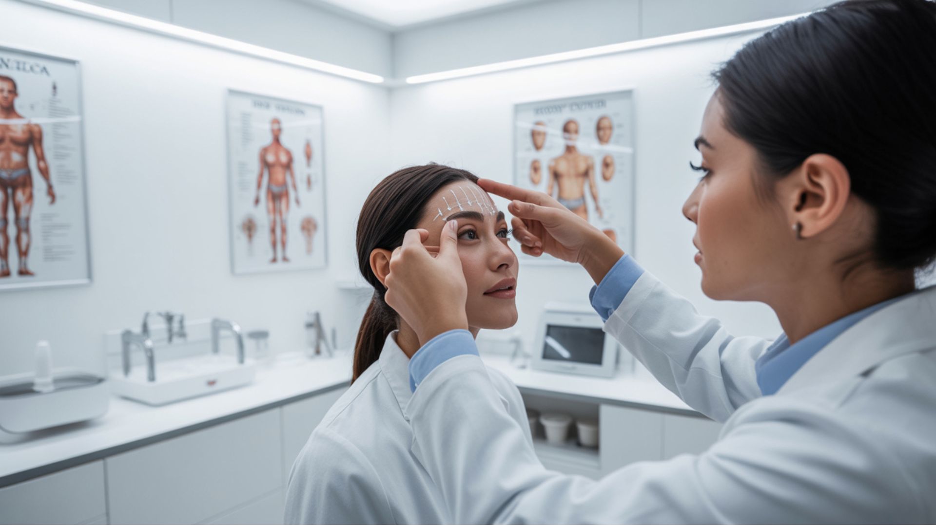 A woman receives an eye examination from a doctor during a Botox consultation for frown line reduction.