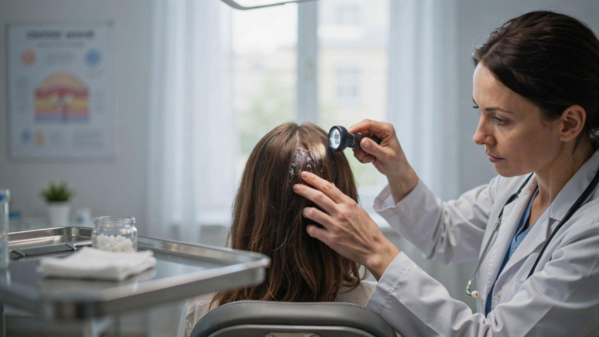 Dermatologist comparing dandruff with similar scalp conditions during professional examination session