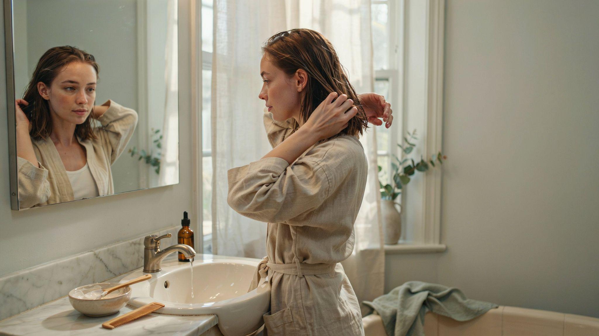Person applying a deep-conditioning hair mask to restore moisture after removing semi-permanent hair dye.