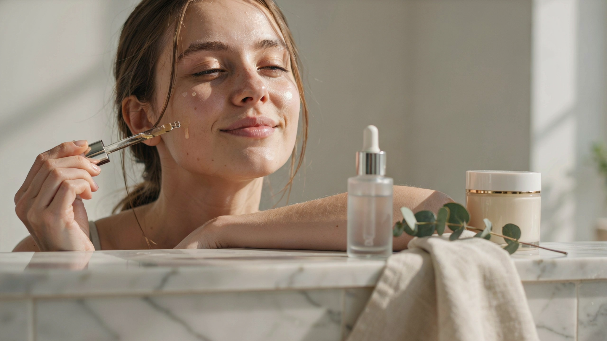 A smiling woman applies serum drops to her cheek with a dropper, with a serum bottle and cream jar on a marble ledge.