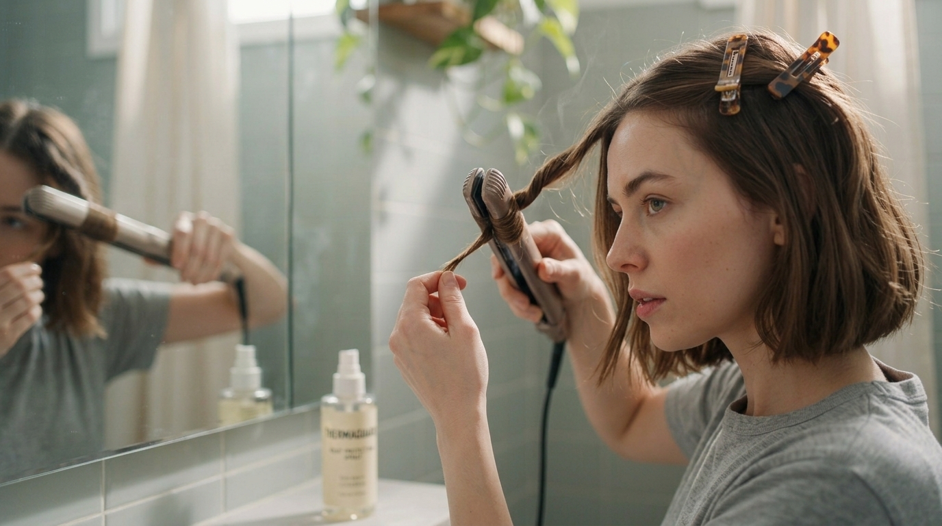 Woman twisting straightener at the roots to start forming curls.