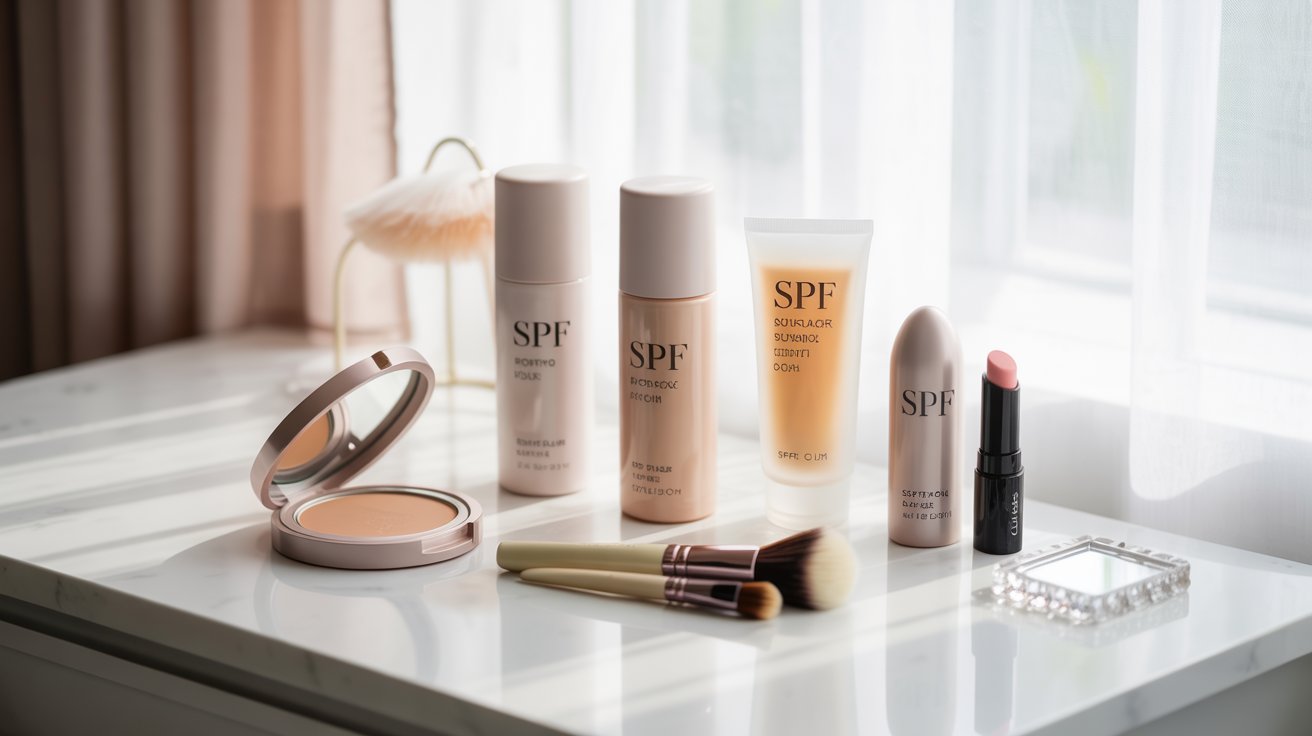 "SPF moisturizer, foundation makeup, sunscreen, and SPF lip balm displayed together for daily sun protection skincare routine"