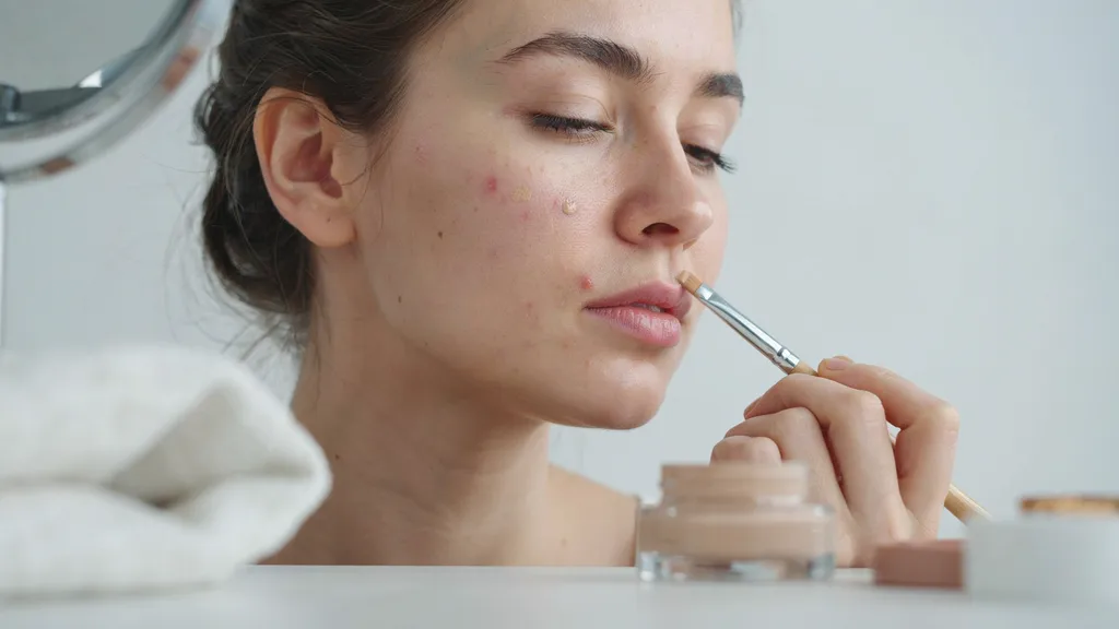 Woman applying concealer directly to blemishes and dark spots with a precision brush.