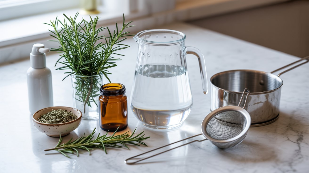 Rosemary sprigs water saucepan strainer and glass containers for homemade hair treatment