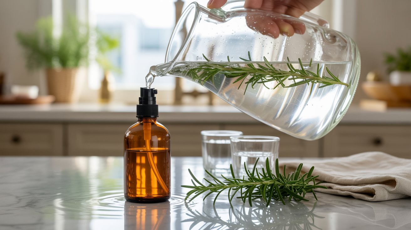 Rosemary water transferred into spray bottle for convenient hair care application