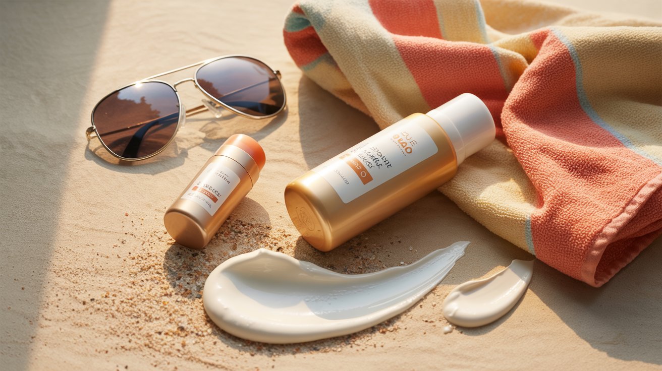 "Sunscreen lotion and SPF lip balm arranged with summer accessories to represent proper sunscreen application and UV protection"