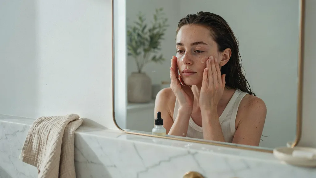 A woman gently dabs skincare product to her cheek while looking in a gold-framed bathroom mirror.