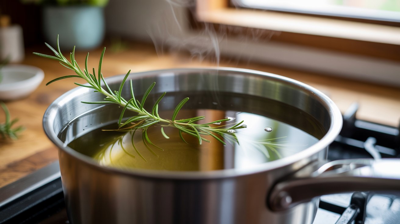 Rosemary water steeping after simmering to strengthen herbal hair care mixture