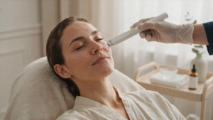 Woman receiving a non-invasive facial rejuvenation treatment in a modern aesthetic clinic.