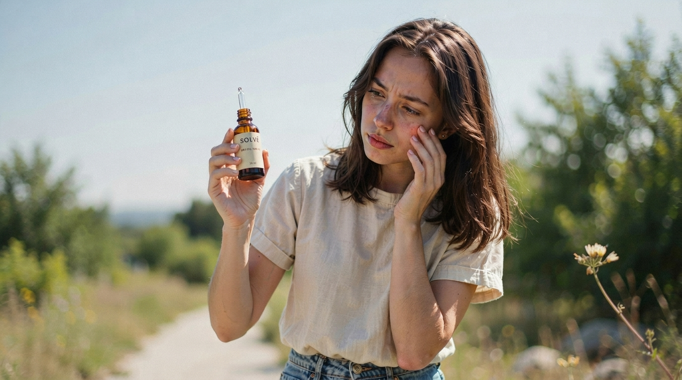 woman holding coconut oil under sun showing lack of proper sun protection compared to sunscreen during outdoor exposure.