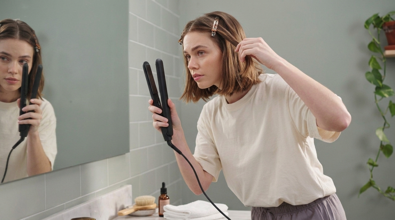 Woman selecting a flat iron suitable for curling short hair.