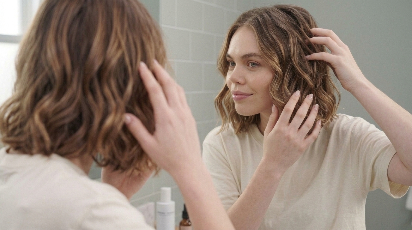 Woman gently separating and finishing curls on short hair.
