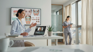 A woman in scrubs sits at a desk, focused on her laptop while working in a professional environment.