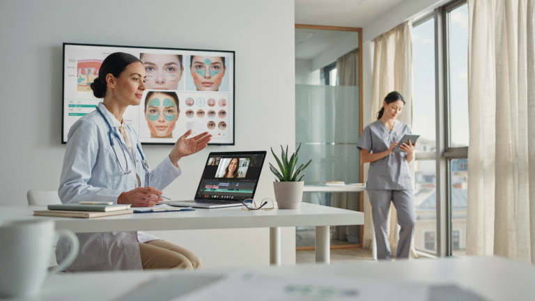 A woman in scrubs sits at a desk, focused on her laptop while working in a professional environment.