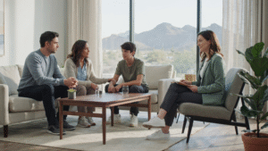 A family gathered in a living room, sharing a lively discussion and enjoying each other's company.