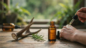 A person holds an essential oil bottle, preparing to use it for aromatherapy or relaxation purposes.