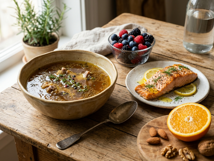 A bowl of soup, a plate of salmon, and a bowl of fresh berries arranged on a table.